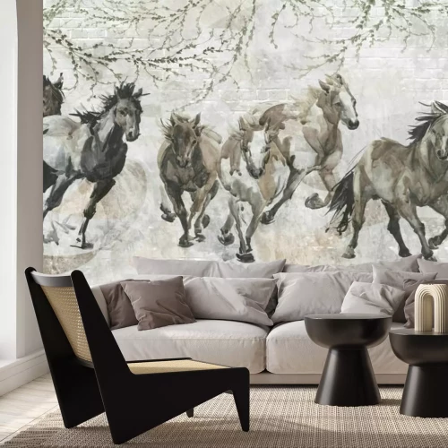 Papier peint  Chevaux peints sur un mur en briques