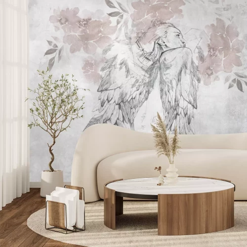 Papier peint  Femme ange artistique avec des fleurs à l’aquarelle et un fond texturé