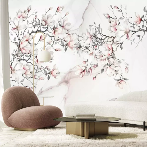 Papier peint  Fleurs de magnolia sur fond de marbre abstrait
