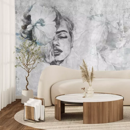 Papier peint  Portrait de femme en style artistique avec des fleurs