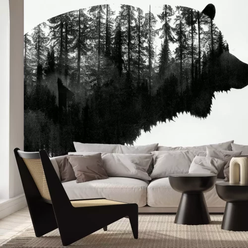 Papier peint  Portrait abstrait d'un ours avec une forêt en noir et blanc