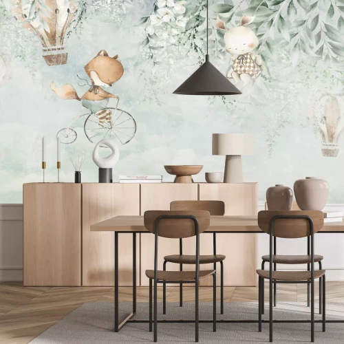 Papier peint  Motif enfantin avec animaux et ballons en style aquarelle