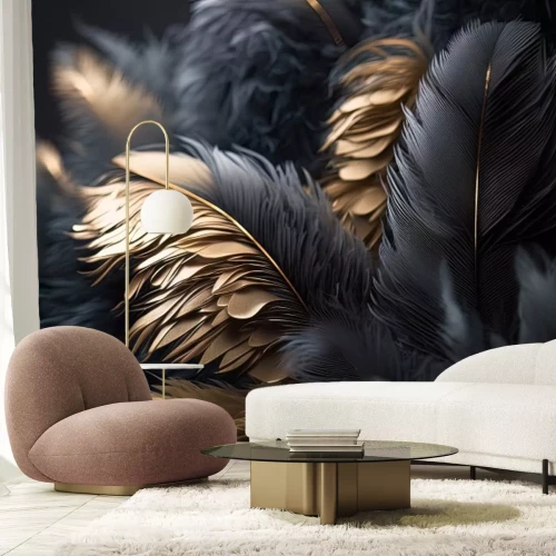 Papier peint  Plumes 3D abstraites noires et dorées