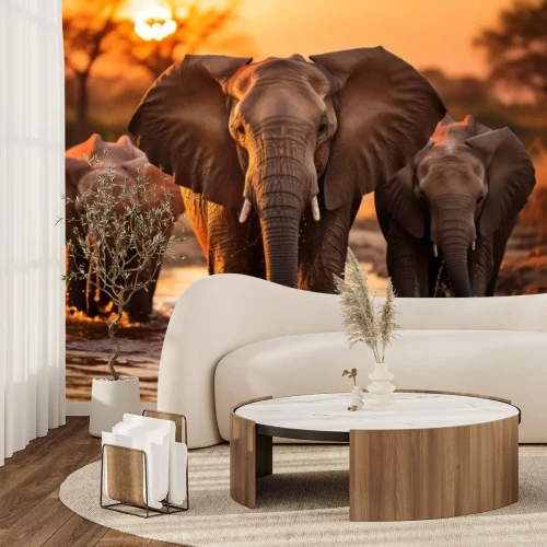 Papier peint  At sunrise, elephants congregate gracefully around a watering hole, silhouetted against the breathtaking canvas of the awakening savannah.