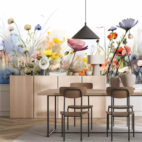 Papier peint  Multicolored wildflowers watercolor field drawing summer. generative ai