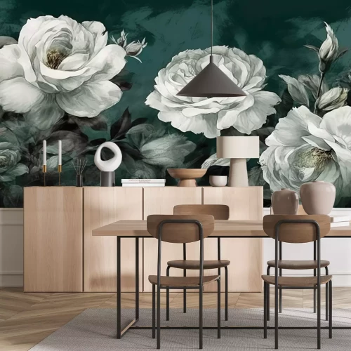 Papier peint  Roses blanches sur fond vert foncé