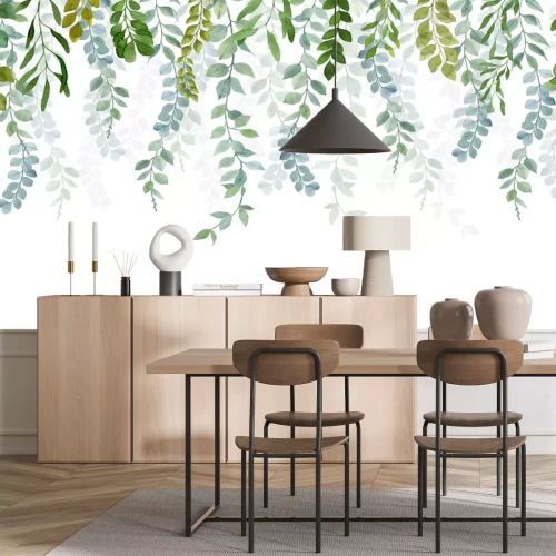 Sticker  Branches de plantes vertes suspendues au-dessus sur un fond blanc