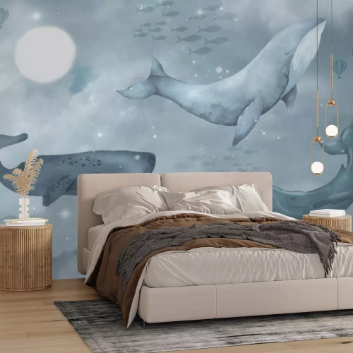 Papier peint  Ciel étoilé avec des baleines motif féerique pour enfants en aquarelle
