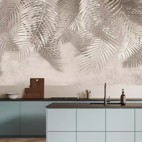 Papier peint  Feuilles de palmier tropicales en tons beige