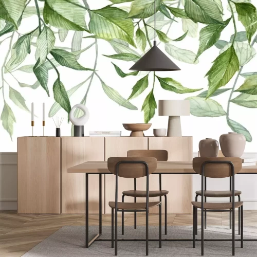 Papier peint  Feuilles vertes à l'aquarelle sur fond blanc