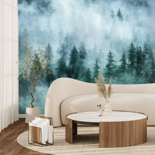 Papier peint  Forêt de conifères dans le brouillard aux tons froids