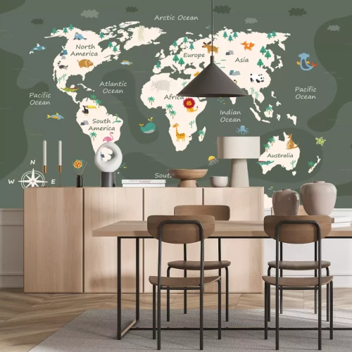 Papier peint  Illustration pour enfants animaux et poissons sur une carte du monde