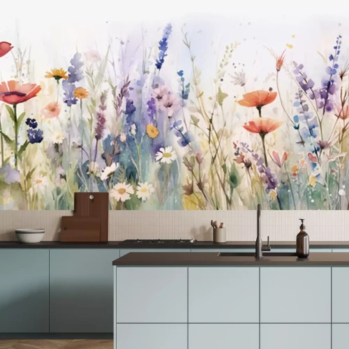 Papier peint  Watercolor pattern of a landscape of blossoms, flower, branches and butterflies with a sky background