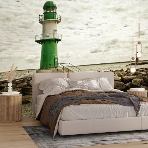 Papier peint  Phare blanc et vert sur une digue