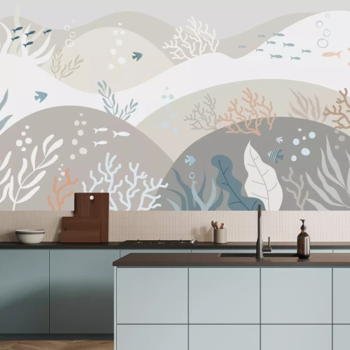 Papier peint  Motif minimaliste avec des poissons dans un monde sous-marin pastel