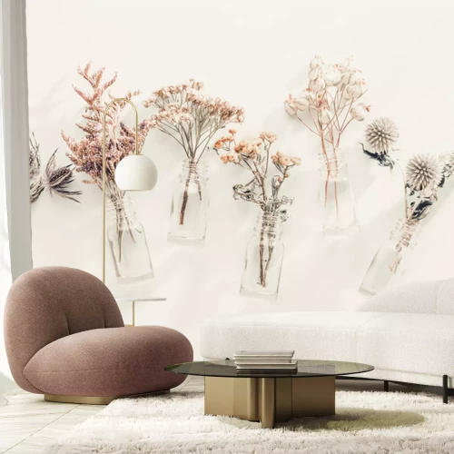 Papier peint  Plantes et fleurs sauvages dans des vases sur fond blanc