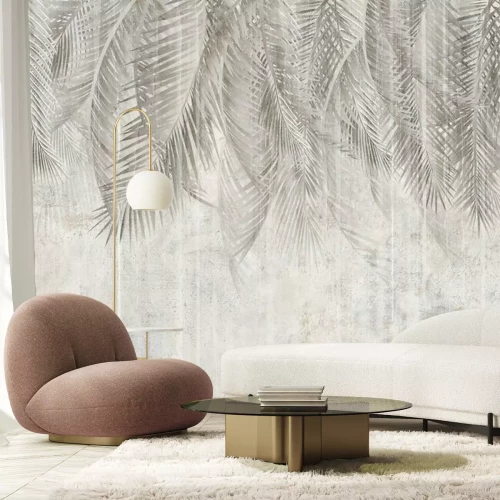 Papier peint  Palm leaves on the wall, tropical leaves. Illustration for wallpaper, card, poster, decoration. Mural.