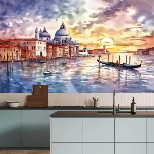Papier peint  Aquarelle de Venise sur fond de coucher de soleil