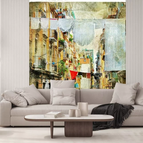 Papier peint  Maisons avec du linge étendu sur des cordes