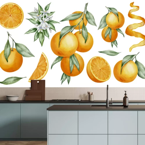 Sticker  Orange Fruits set. Watercolor hand drawn illustration of tangerine branches with green leaves and slices of citrus Fruits on white isolated background. Bundle of mandarins for food label or menu.