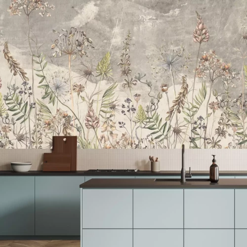 Papier peint  Art drawing in vintage style in light beige tones, wallpaper on which dried flowers are depicted, texture background.
