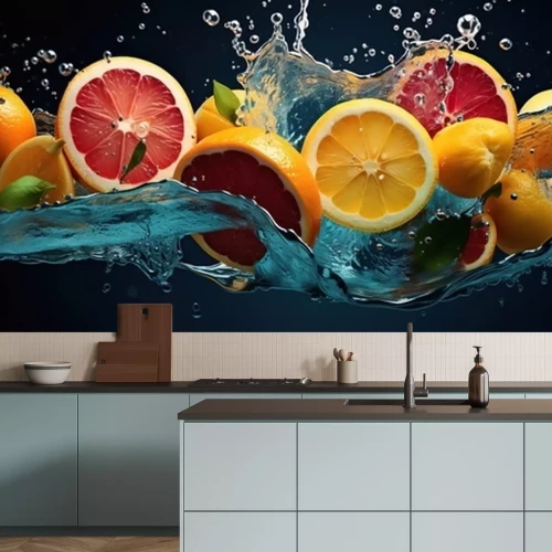 Sticker  Fresh citrus fruits, water splash on blue background.