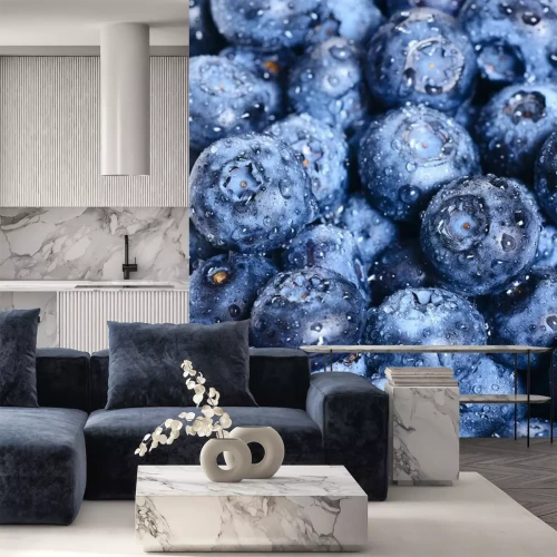 Papier peint  Myrtilles recouvertes de gouttes d'eau