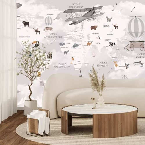 Papier peint  Carte du monde avec des animaux et des avions pour enfants