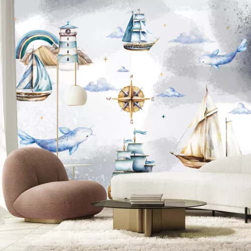 Papier peint  Poissons bateau et phare motif aquarelle pour enfants