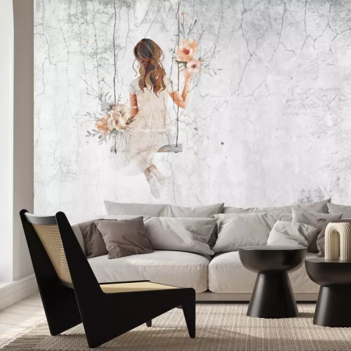 Papier peint  Fillette sur une balançoire avec des fleurs et un fond effet béton