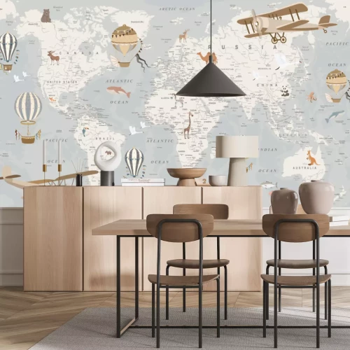 Papier peint  children's retro world map with animals, balloons, airplanes on a gray background