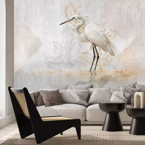 Papier peint  Cigogne sur fond clair végétal