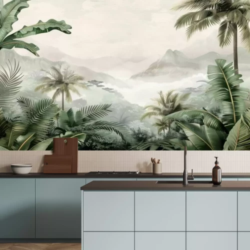 Papier peint  Jungle tropicale avec collines brumeuses en arrière-plan