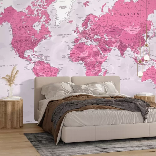 Papier peint  World Map - Highly Detailed Vector Map of the World. Ideally for the Print Posters. Rose Pink Colors. With Relief and Depth