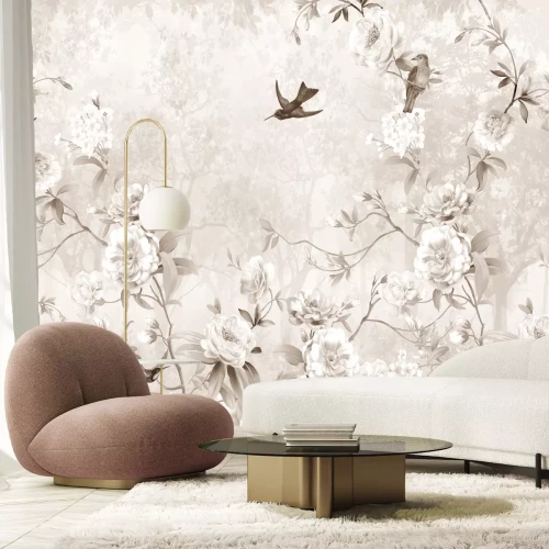 Papier peint  Roses et oiseaux en fleurs aux couleurs beiges