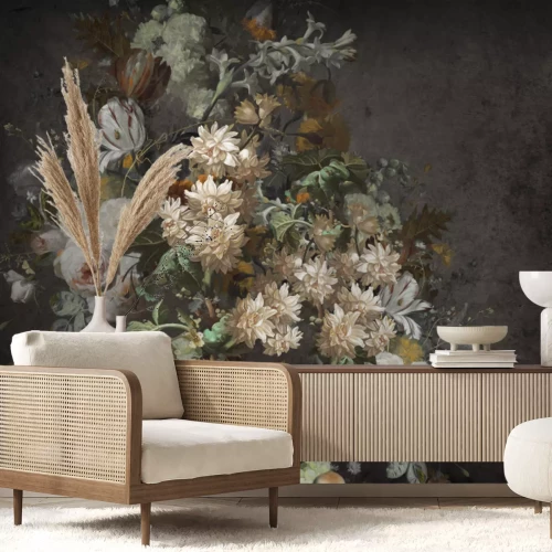 Papier peint  Bouquet de fleurs 3D sur fond sombre, motif floral