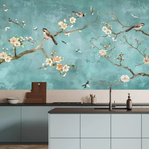 Papier peint  Fleurs de cerisier et branches sur fond bleu