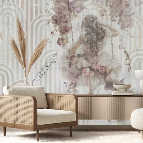 Papier peint  Fille avec des fleurs sur une balançoire, fond géométrique