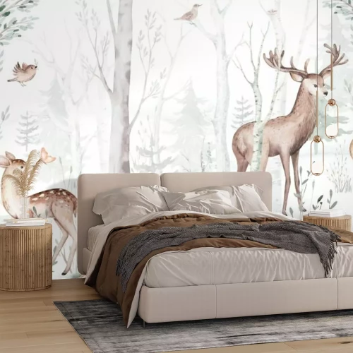 Papier peint  Biche et cerf dans une forêt pittoresque