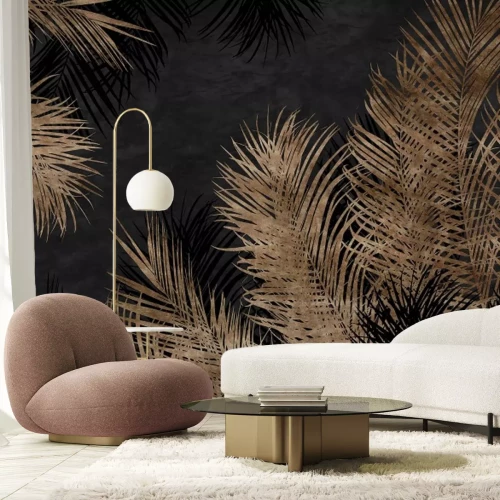 Papier peint  Feuilles dorées de palmier, plantes tropicales, motif botanique