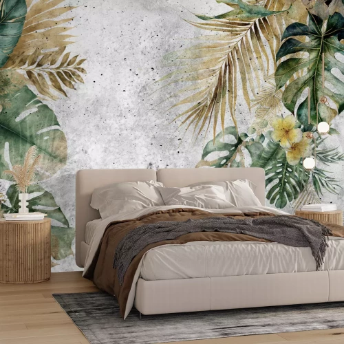 Papier peint  Feuilles tropicales, monstera et palmiers sur béton