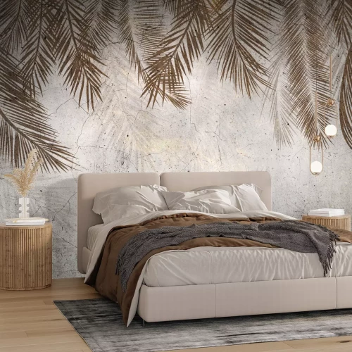Papier peint  Grandes feuilles de palmier tropicales sur fond en béton