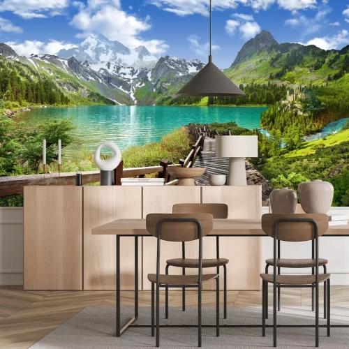 Papier peint  Vue 3D d’un lac dans les montagnes