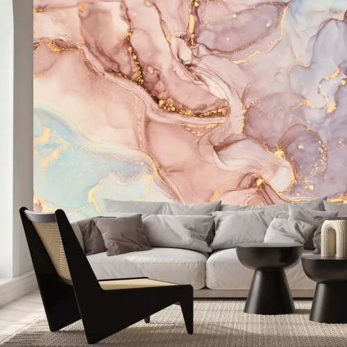 Papier peint  Marbre rose avec décorations dorées