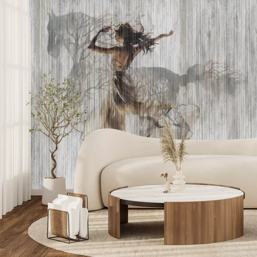 Papier peint  Une femme qui danse et un cheval au galop