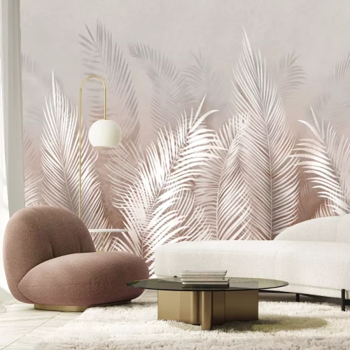 Papier peint  Feuilles de palmier blanches sur fond beige