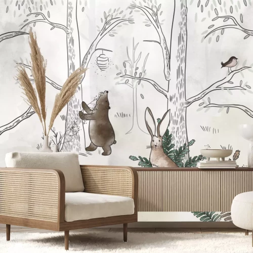 Papier peint  Animaux de la forêt paysage forêt aquarelle