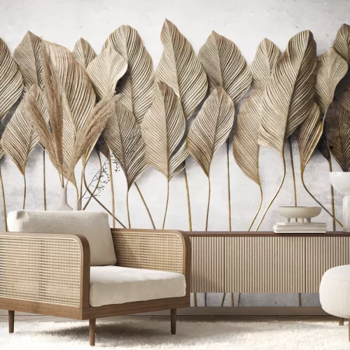 Papier peint  Grandes feuilles tropicales sur fond de béton