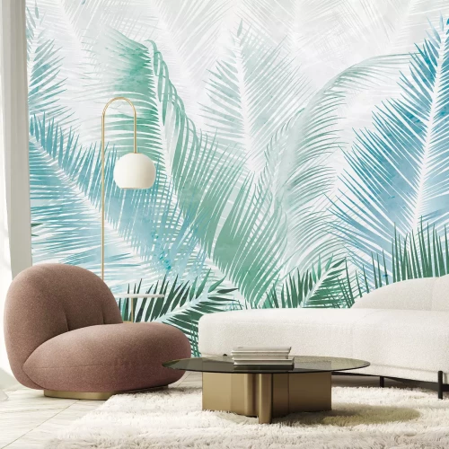 Papier peint  Motif botanique feuilles de palmier bleues et vertes