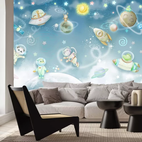 Papier peint  L'espace avec des planètes et des animaux